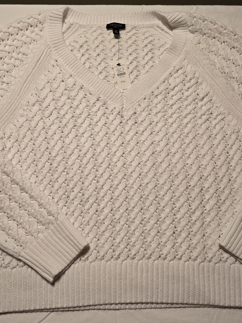 Women's Talbots White Open Stitch V-Neck Pullover Sweater PXL Cable Detailing